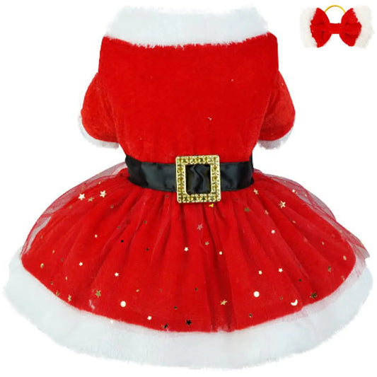 Dog Christmas Costume Puppy Tulle Dress witn Scrunchie Santa Claus Pet Clothes Velvet Skirt Warm Outfit for Small Medium Dogs Cats Dog Winter Coat Thermal Shirt Xmas Clothing Cute Apparel
