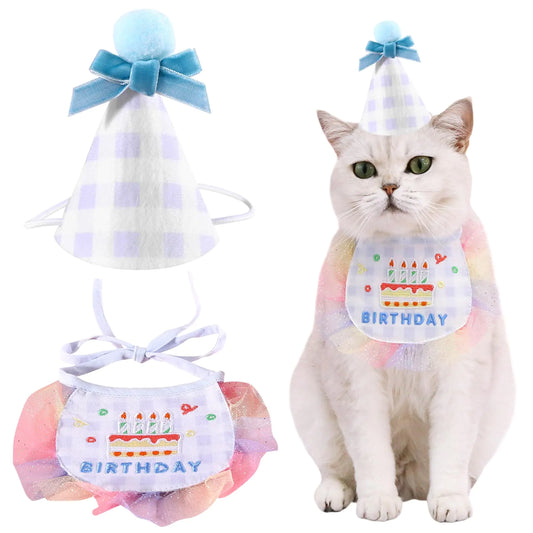 2Pcs Pet Happy Birthday Hat Scarf Set Cute Embroidered Cat Bandana Outfit Pet Bowknot Cone Hat Cat Plaid Pattern Princess Costumes Dog Lace Bib Pet Party Supplies Decoration (Blue)