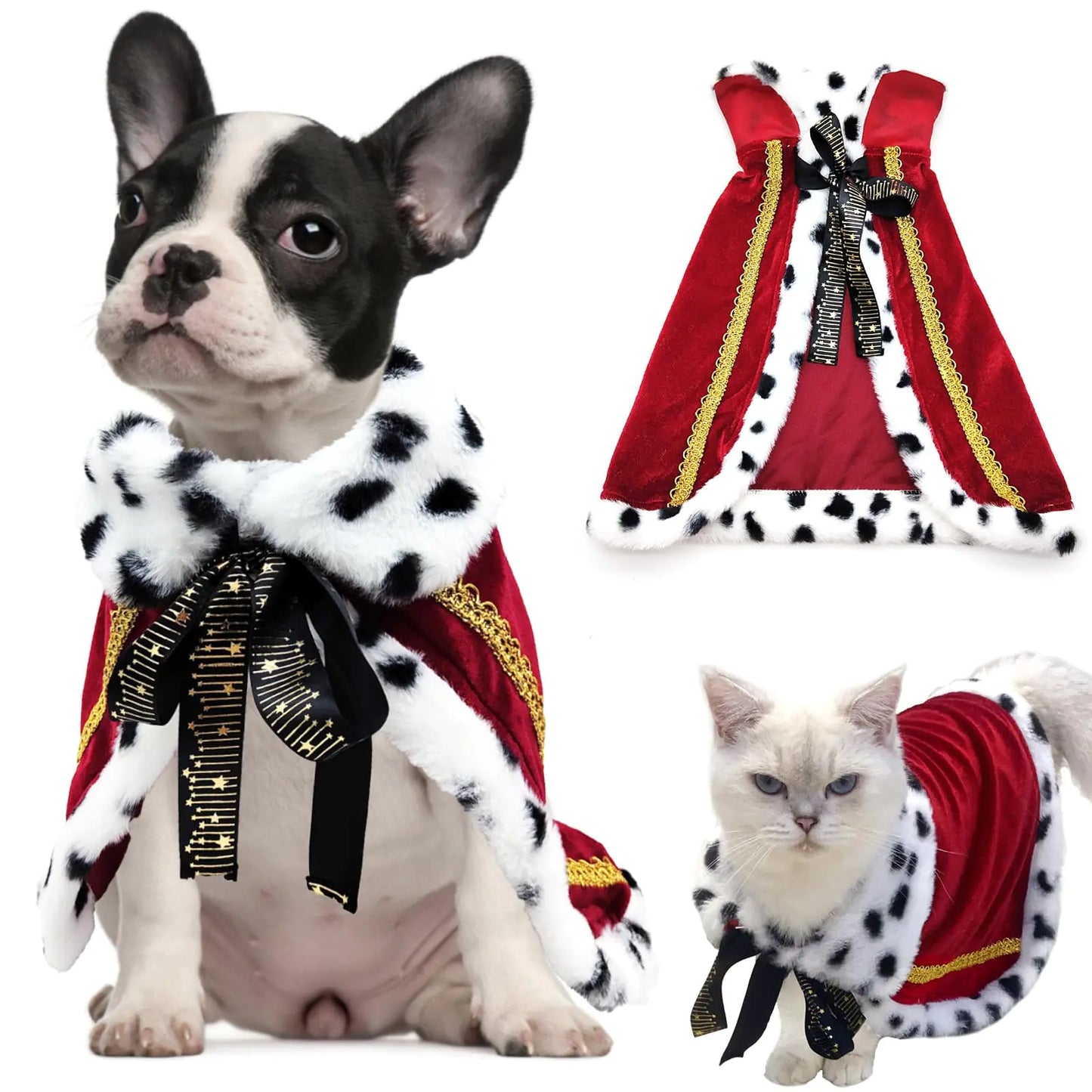 Pet Cloak King Dog Cape Robe Cute Halloween Christmas Cat Costume Queen Clothes Lux Fur Royal Cape Prince Princess Outfit Birthday Dress Small Large Dog Halloween Costume (Crimson Small)