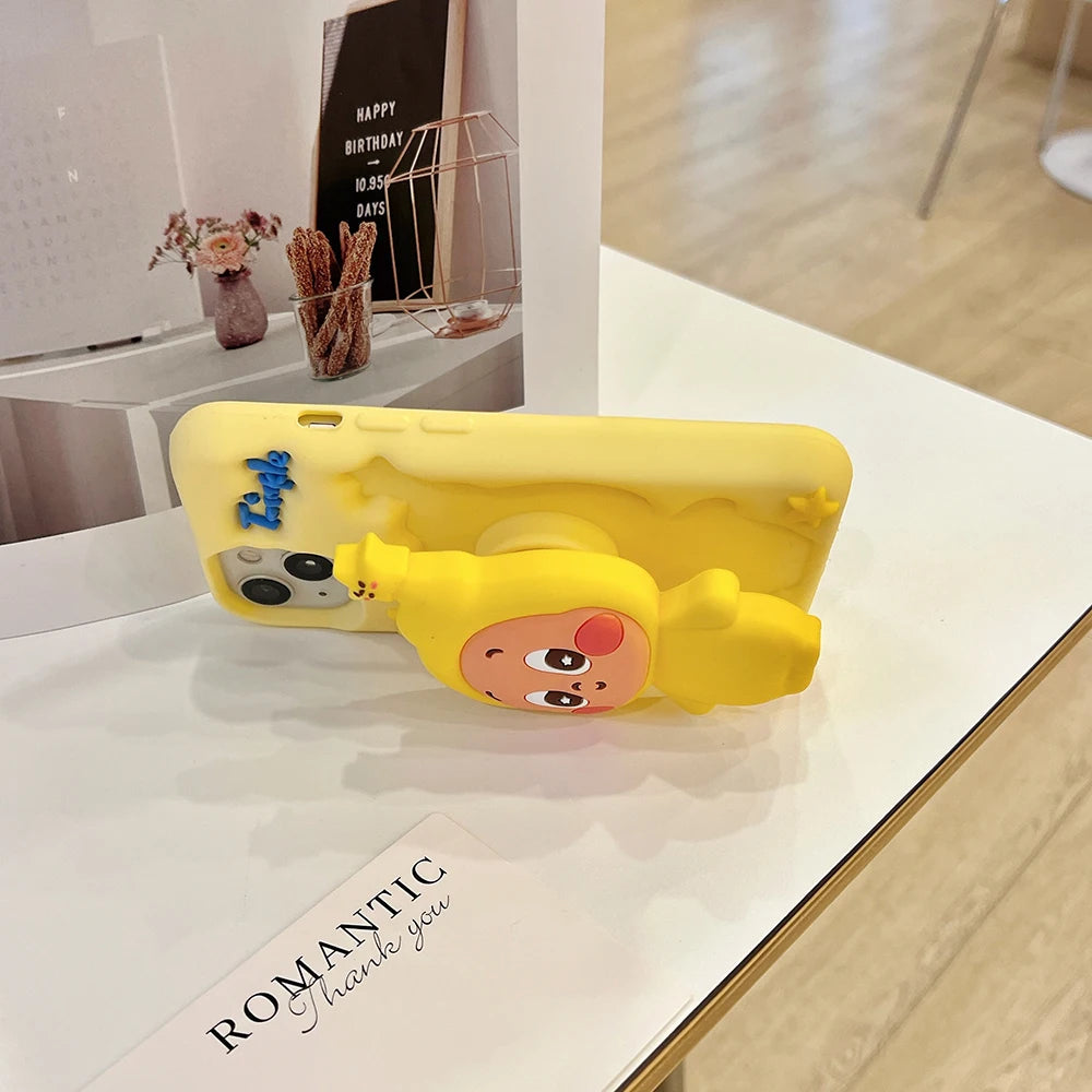 For iPhone 12 13 14 15 16 Pro Max Funny 3D Cartoon Twinkle Star Boy Telescopic Bracket Case Soft Silicone Stand Holder Cover
