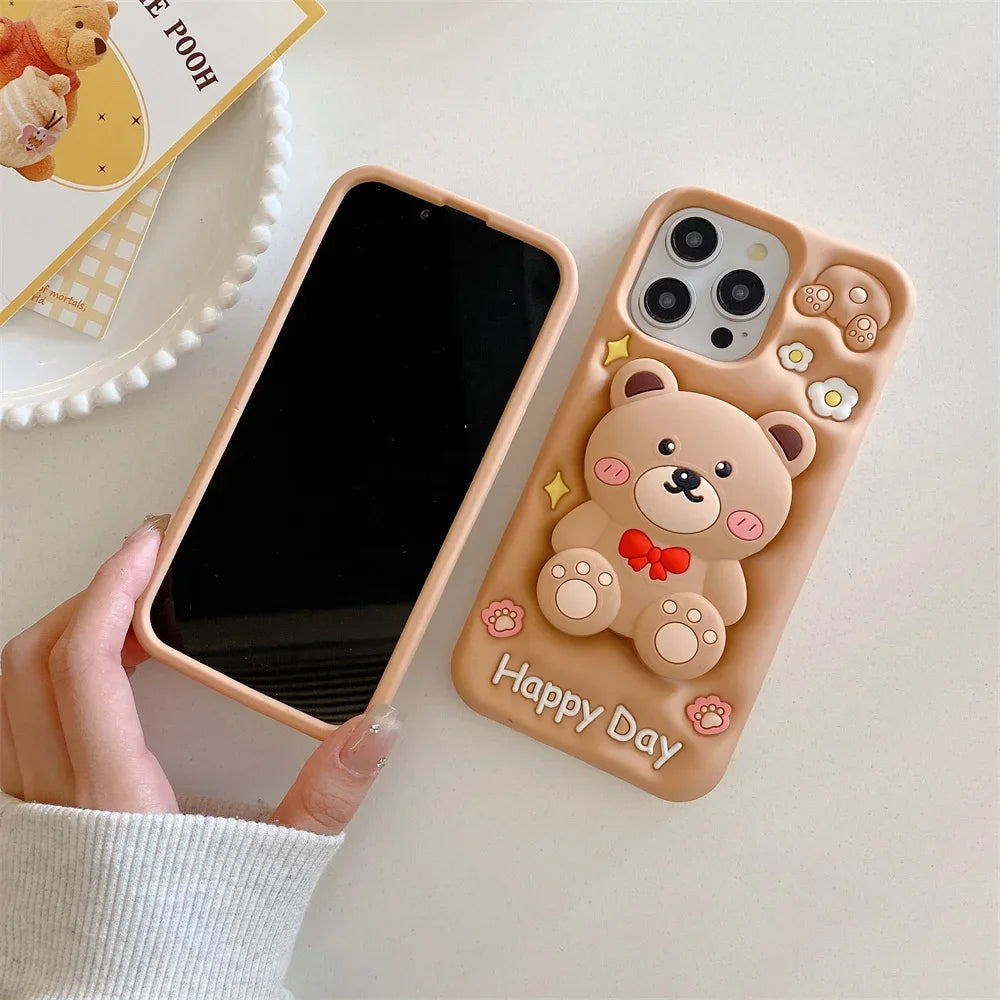 3D Cartoon Teddy Bear Phone Cases For iPhone 15 Pro Max 14 13 12 Pro Max 11 with Holder  Soft Silicone Cover