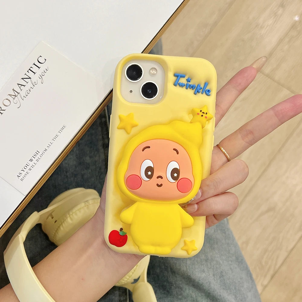 Cute 3D Cartoon Twinkle Star Boy Telescopic Bracket Case For iPhone 16 15 14 13 12 Pro Max Soft Silicone Stand Holder Cover