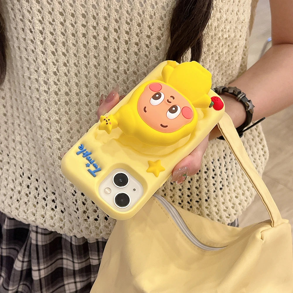 Cute 3D Cartoon Twinkle Star Boy Telescopic Bracket Case For iPhone 16 15 14 13 12 Pro Max Soft Silicone Stand Holder Cover