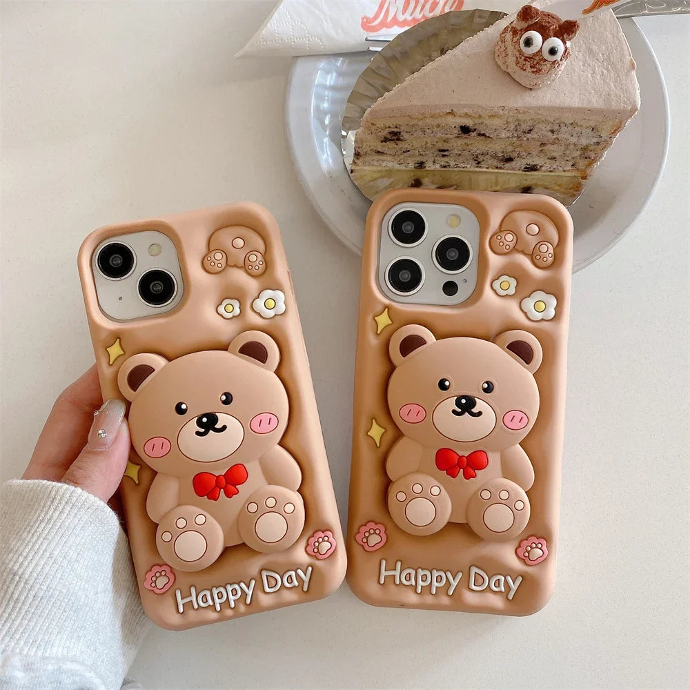 3D Cartoon Teddy Bear Phone Cases For iPhone 15 Pro Max 14 13 12 Pro Max 11 with Holder  Soft Silicone Cover