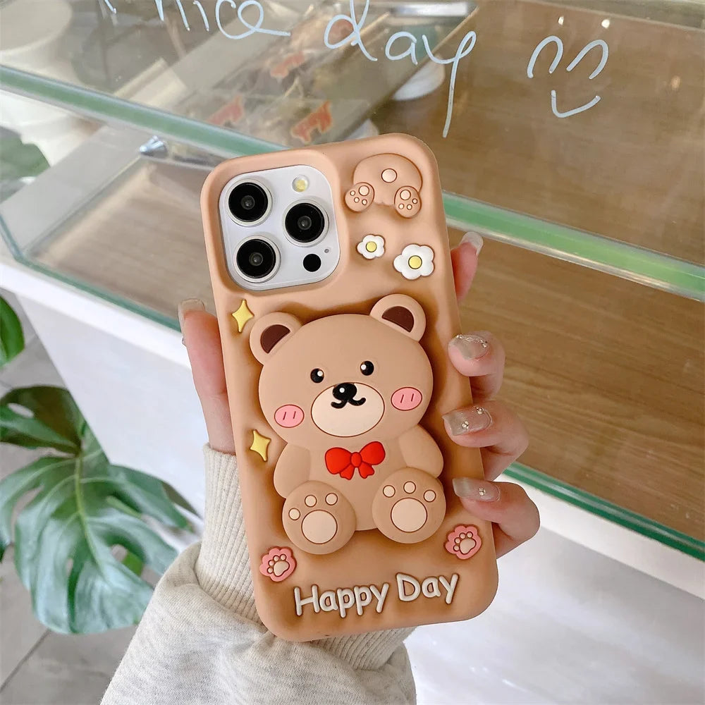 3D Cartoon Teddy Bear Phone Cases For iPhone 15 Pro Max 14 13 12 Pro Max 11 with Holder  Soft Silicone Cover