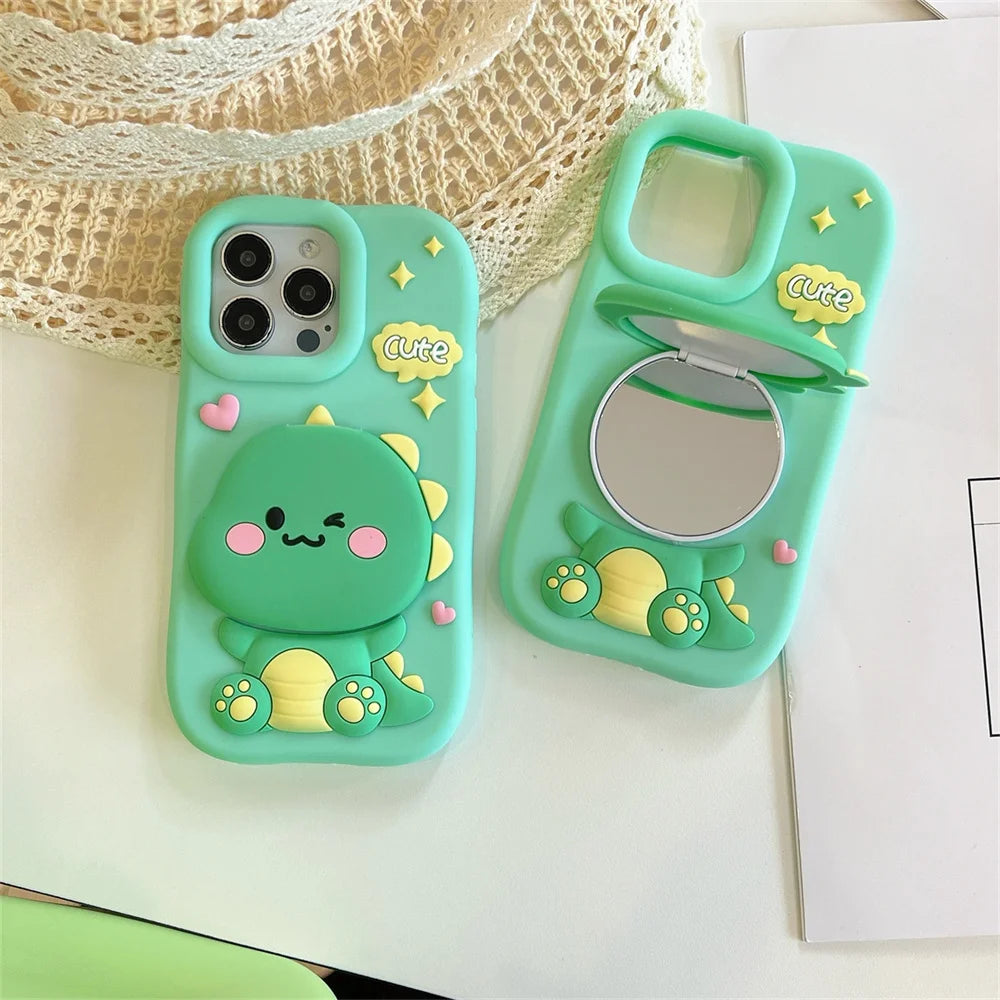 Cute Dinosaur Case Soft Silicone Cover With Holder&Mirror for iPhone 12 13 14 15 16 Pro Max 16pro 16Promax