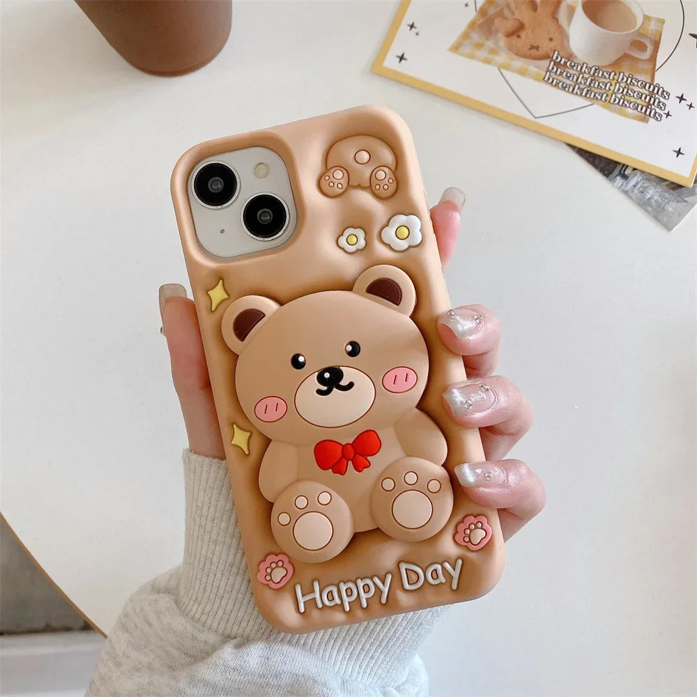 3D Cartoon Teddy Bear Phone Cases For iPhone 15 Pro Max 14 13 12 Pro Max 11 with Holder  Soft Silicone Cover