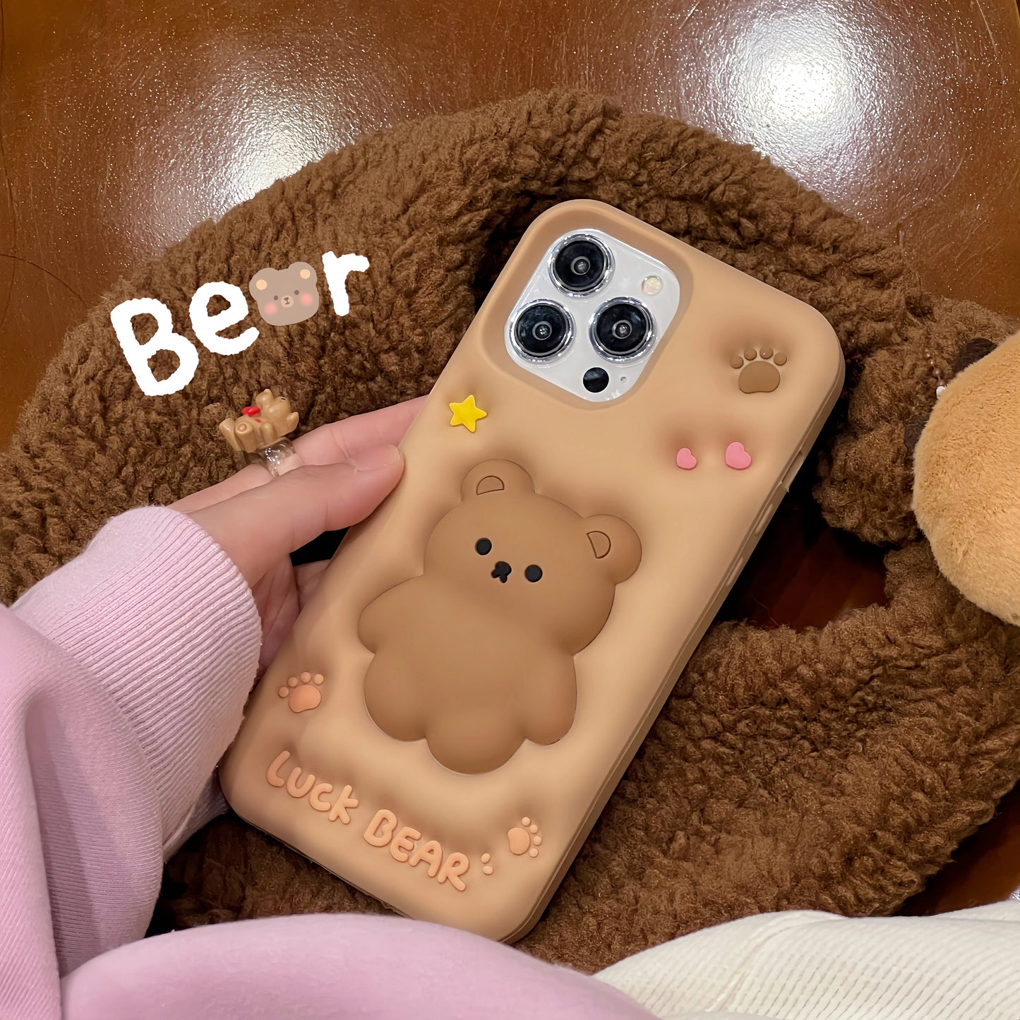 3D Cute Cartoon Luck Bear Soft Silicone Phone Case for iPhone 15 14 13 12 11 Pro Max Reliver Stress Shockproof Back Cover Shell