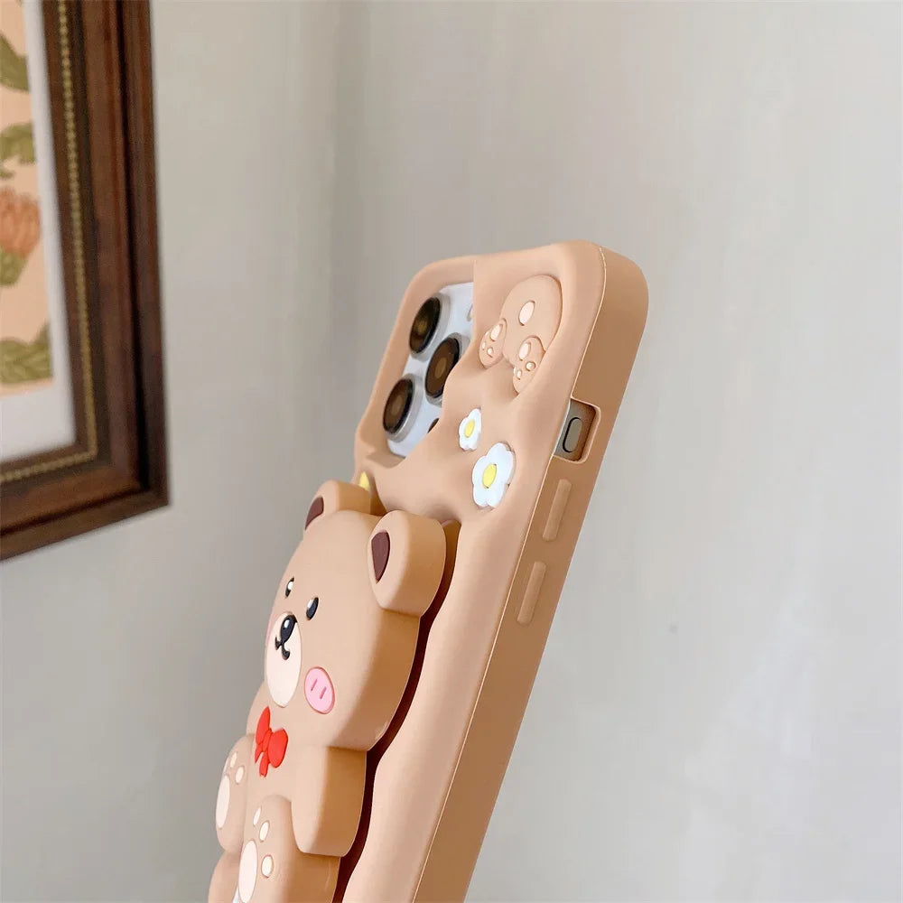 3D Cartoon Teddy Bear Phone Cases For iPhone 15 Pro Max 14 13 12 Pro Max 11 with Holder  Soft Silicone Cover