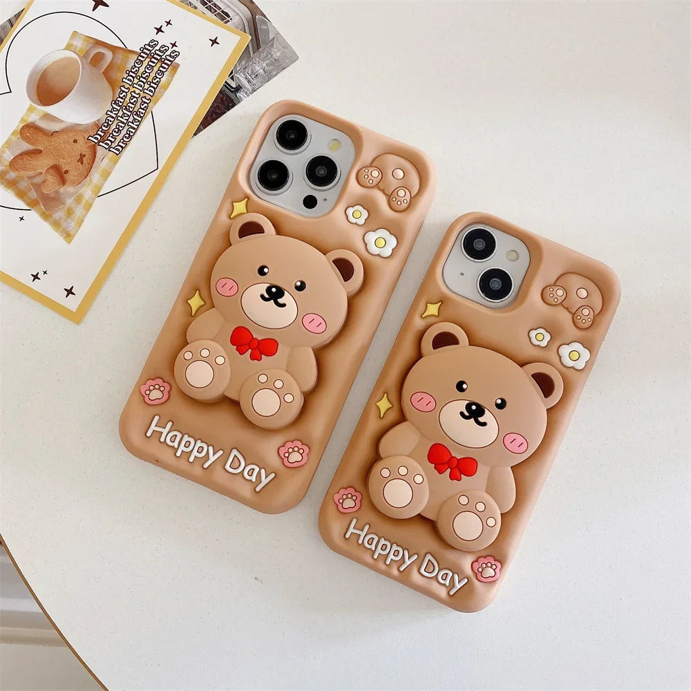 3D Cartoon Teddy Bear Phone Cases For iPhone 15 Pro Max 14 13 12 Pro Max 11 with Holder  Soft Silicone Cover