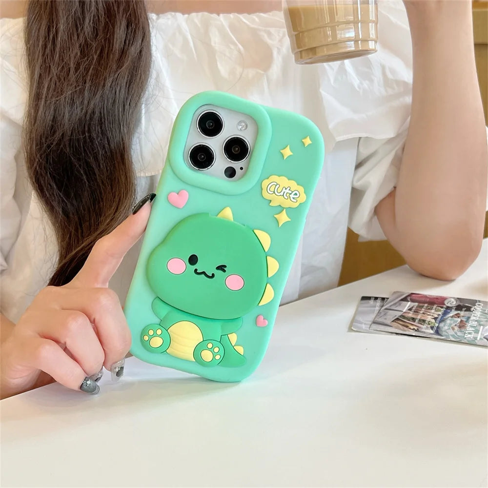 Cute Dinosaur Case Soft Silicone Cover With Holder&Mirror for iPhone 12 13 14 15 16 Pro Max 16pro 16Promax