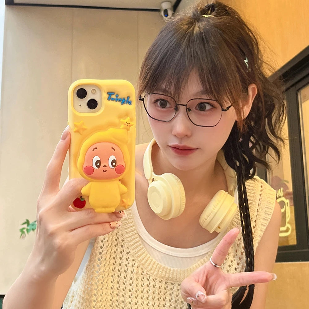 For iPhone 12 13 14 15 16 Pro Max Funny 3D Cartoon Twinkle Star Boy Telescopic Bracket Case Soft Silicone Stand Holder Cover