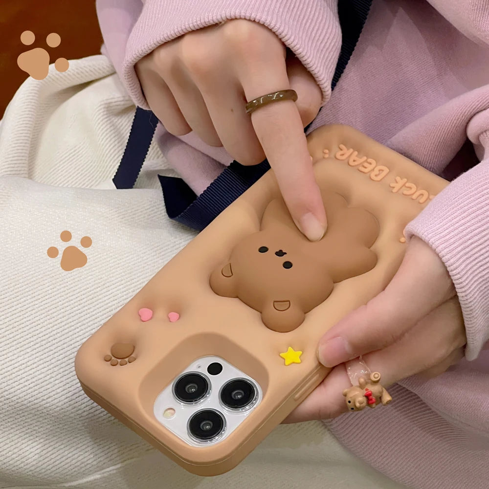 3D Cute Cartoon Luck Bear Soft Silicone Phone Case for iPhone 15 14 13 12 11 Pro Max Reliver Stress Shockproof Back Cover Shell