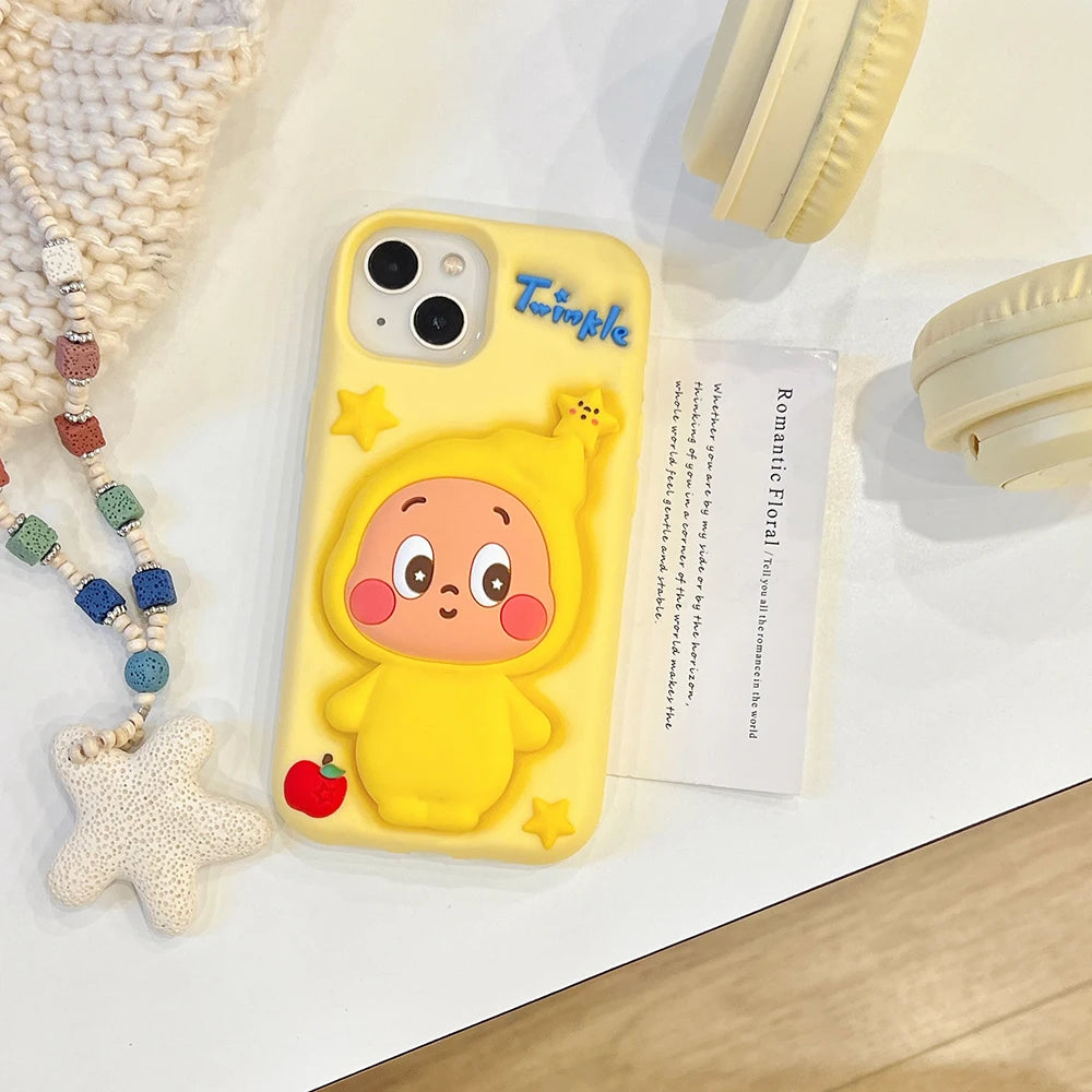 For iPhone 12 13 14 15 16 Pro Max Funny 3D Cartoon Twinkle Star Boy Telescopic Bracket Case Soft Silicone Stand Holder Cover