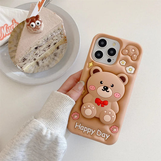 3D Cartoon Teddy Bear Phone Cases For iPhone 15 Pro Max 14 13 12 Pro Max 11 with Holder  Soft Silicone Cover