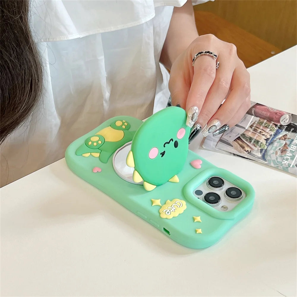 Cute Dinosaur Case Soft Silicone Cover With Holder&Mirror for iPhone 12 13 14 15 16 Pro Max 16pro 16Promax