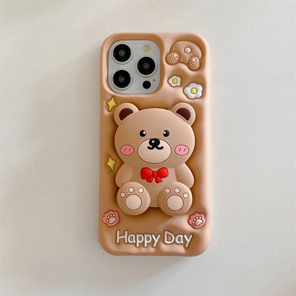 3D Cartoon Teddy Bear Phone Cases For iPhone 15 Pro Max 14 13 12 Pro Max 11 with Holder  Soft Silicone Cover