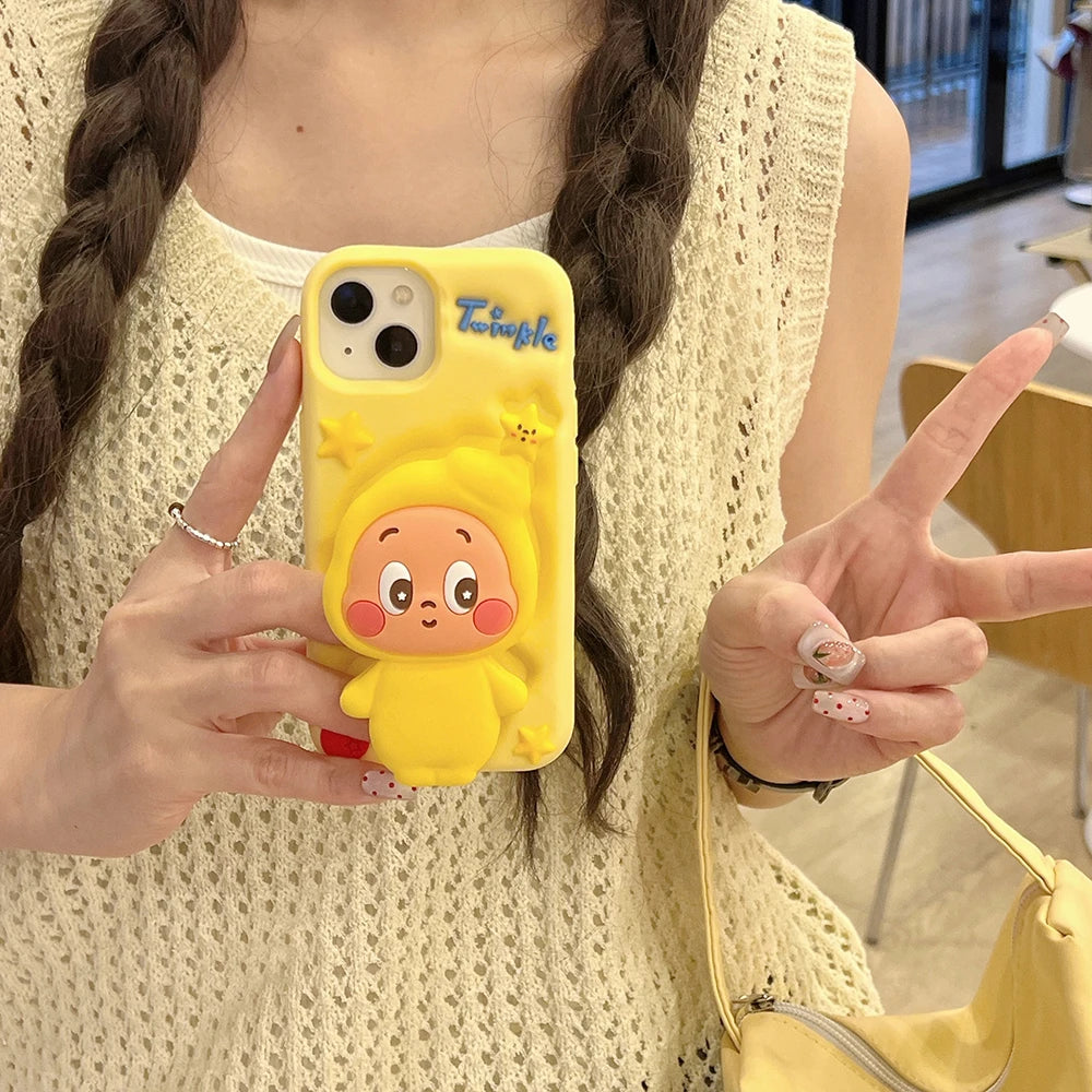 Cute 3D Cartoon Twinkle Star Boy Telescopic Bracket Case For iPhone 16 15 14 13 12 Pro Max Soft Silicone Stand Holder Cover