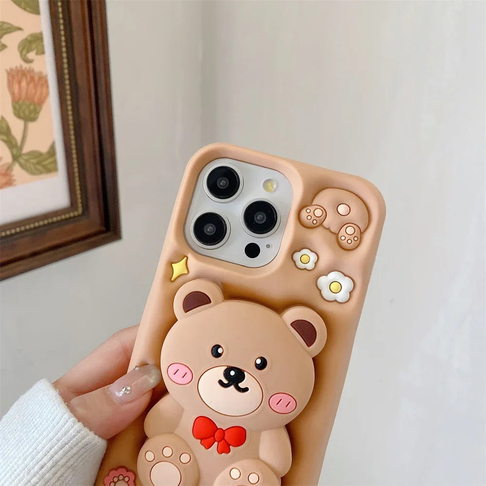 3D Cartoon Teddy Bear Phone Cases For iPhone 15 Pro Max 14 13 12 Pro Max 11 with Holder  Soft Silicone Cover