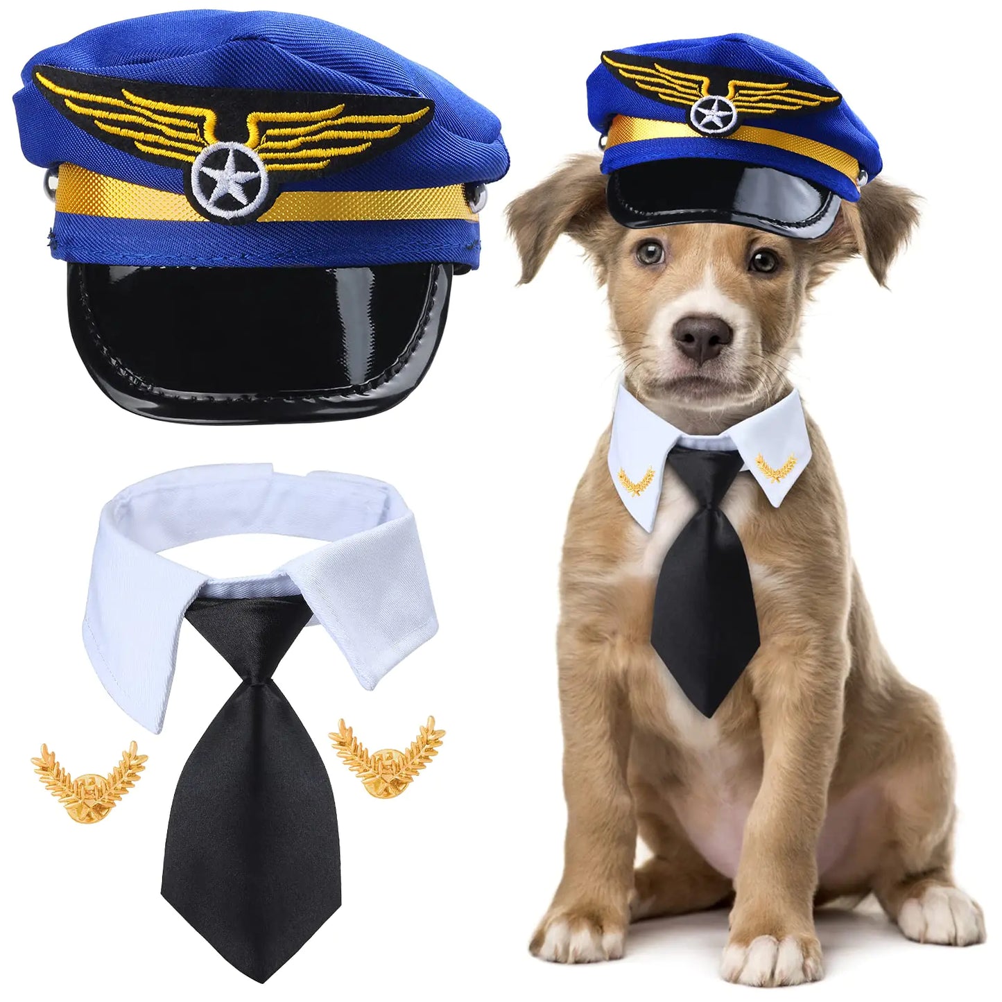 Yewong 3 Pieces Pet Captain Pilot Costume Accessory Set Dog Cat Pilot Hat Formal Necktie Collar Pilot Costume Accessories for Pet Pilot Fancy Dress Halloween Party (Set-B)