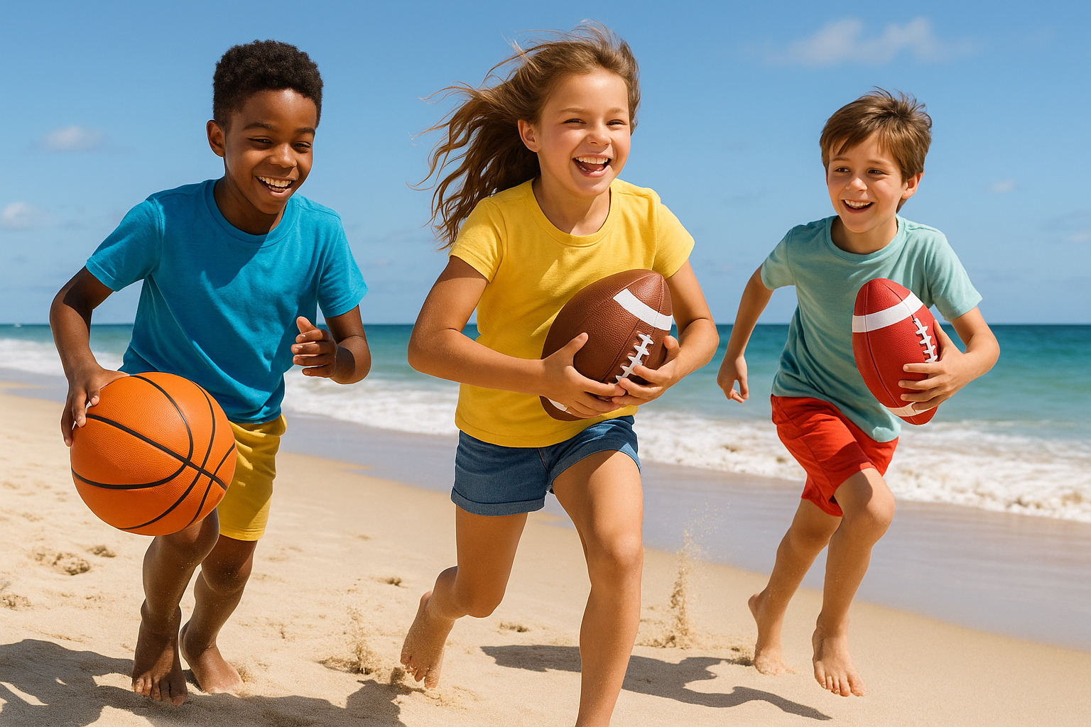 Kids playing with sports balls at beach