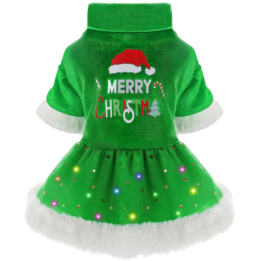 Sebaoyu Dog Christmas Dress Dog Christmas Sweater Dress Female LED Light Winter Dog Sweater for Small Dogs Girl Dog Christmas Outfit Dog Christmas Clothe CostumeCat Puppy Pet Apparel (M,Green)