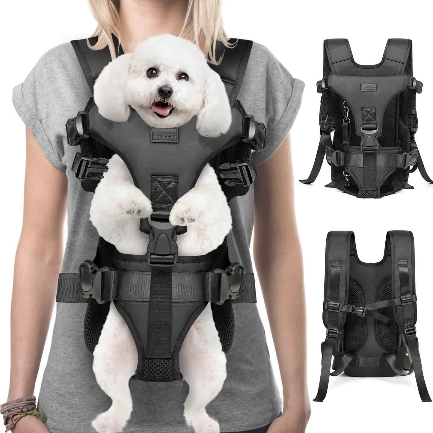 YUDODO Dog Backpack Carrier with Adjustable Safety Buckle Easy-fit Pet Dog Front Carrier for Small Medium Dog Legs Out Dog Chest Carrier for Traveling Walking Cycling (Medium Black)