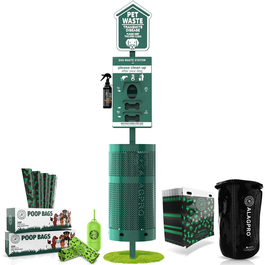 ALAGPRO® NEW 2025 Dog Waste Station Outdoor Pet Waste Station with Hand Sanitizer Bottle Commercial Dog Poop Station with Free 400 Roll 200 Pull Waste Bags & 50 Can Liners for Backyard Park & HOAs