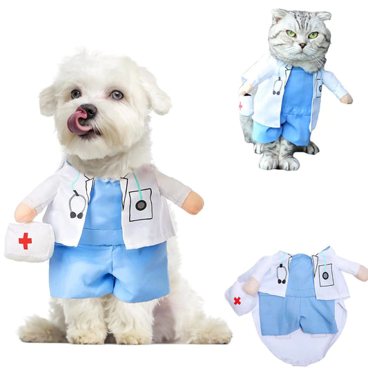 Small Dog Doctor Costume Halloween Cat Costume Funny Cosplay Doctor Coat Onesies Outfits for Puppy Kitten Cat Doctor Uniform Apparel Pet Jeans Christmas Clothes (Doctor Cat Costume X-Small)