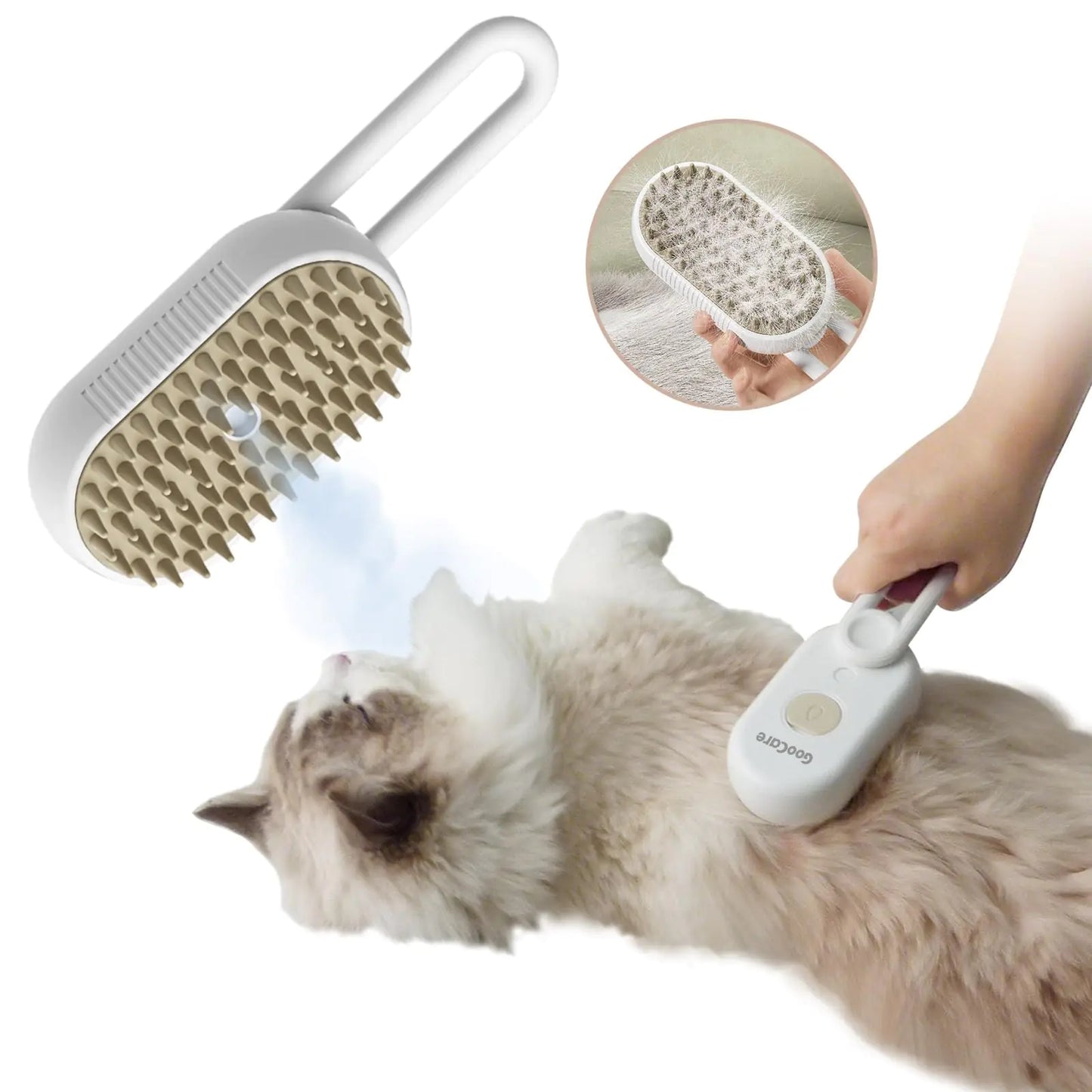 GooCare Improved Spray Pet Grooming Brush for Dogs & Cats 3-in-1 Design: Hair Remover Cleaning Brush and Massaging Water Steam Brush for Shedding for indoor Hair Cats Dogs and Rabbits. (Beige)