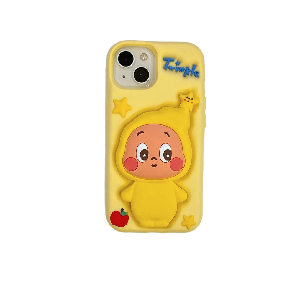 Cute 3D Cartoon Twinkle Star Boy Telescopic Bracket Case For iPhone 16 15 14 13 12 Pro Max Soft Silicone Stand Holder Cover