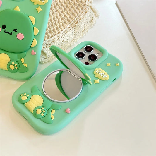 Cute Dinosaur Case Soft Silicone Cover With Holder&Mirror for iPhone 12 13 14 15 16 Pro Max 16pro 16Promax