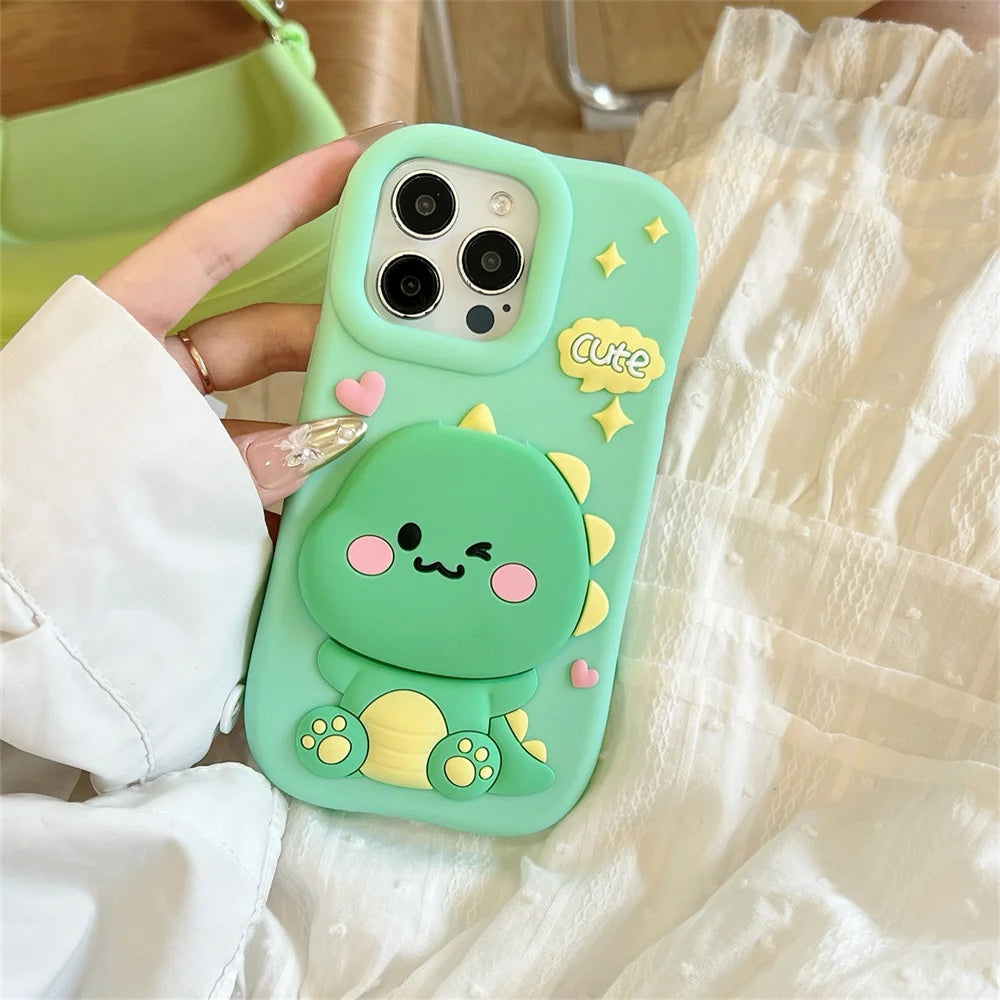 Cute Dinosaur Case Soft Silicone Cover With Holder&Mirror for iPhone 12 13 14 15 16 Pro Max 16pro 16Promax