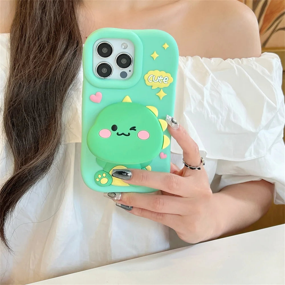 Cute Dinosaur Case Soft Silicone Cover With Holder&Mirror for iPhone 12 13 14 15 16 Pro Max 16pro 16Promax