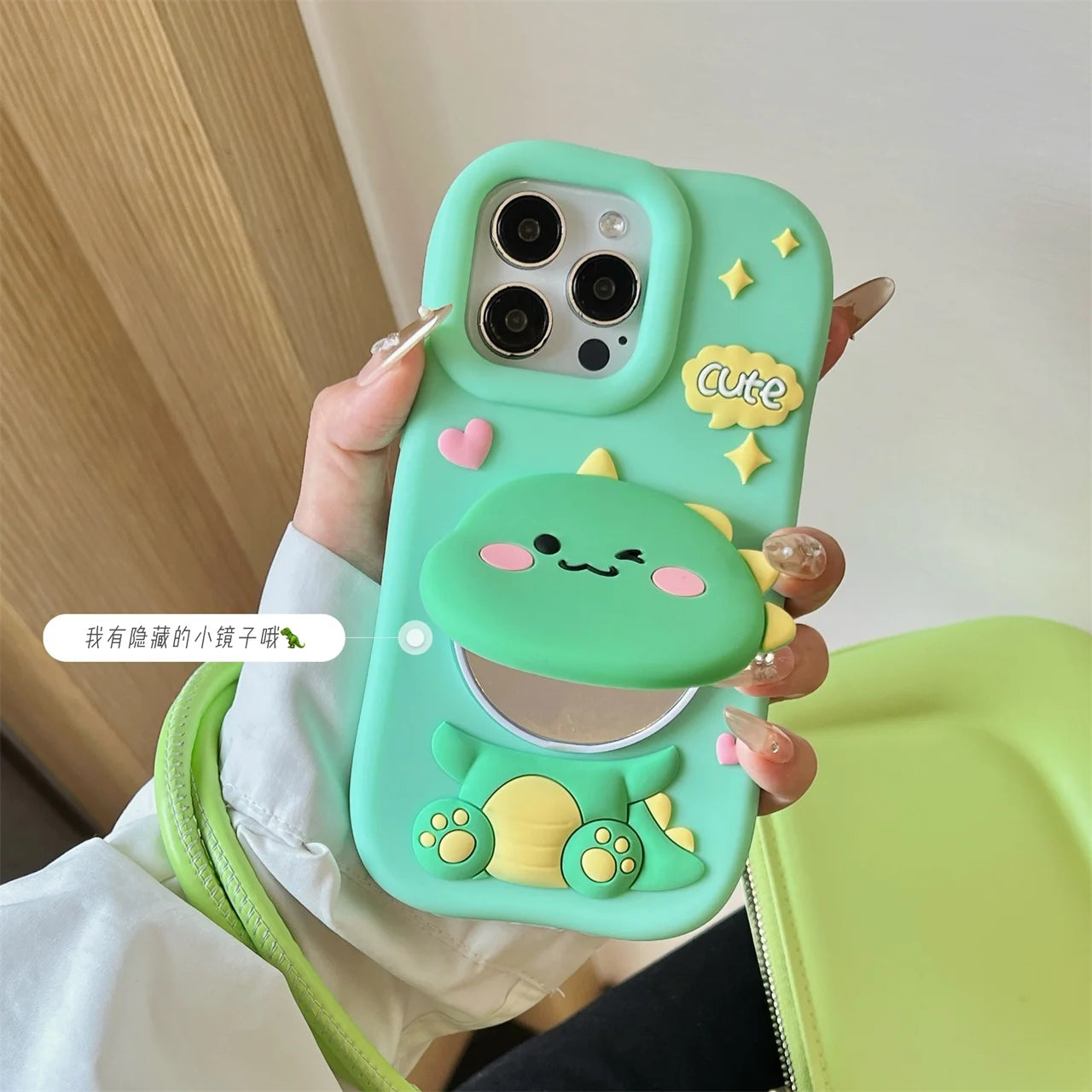 Cute Dinosaur Case Soft Silicone Cover With Holder&Mirror for iPhone 12 13 14 15 16 Pro Max 16pro 16Promax