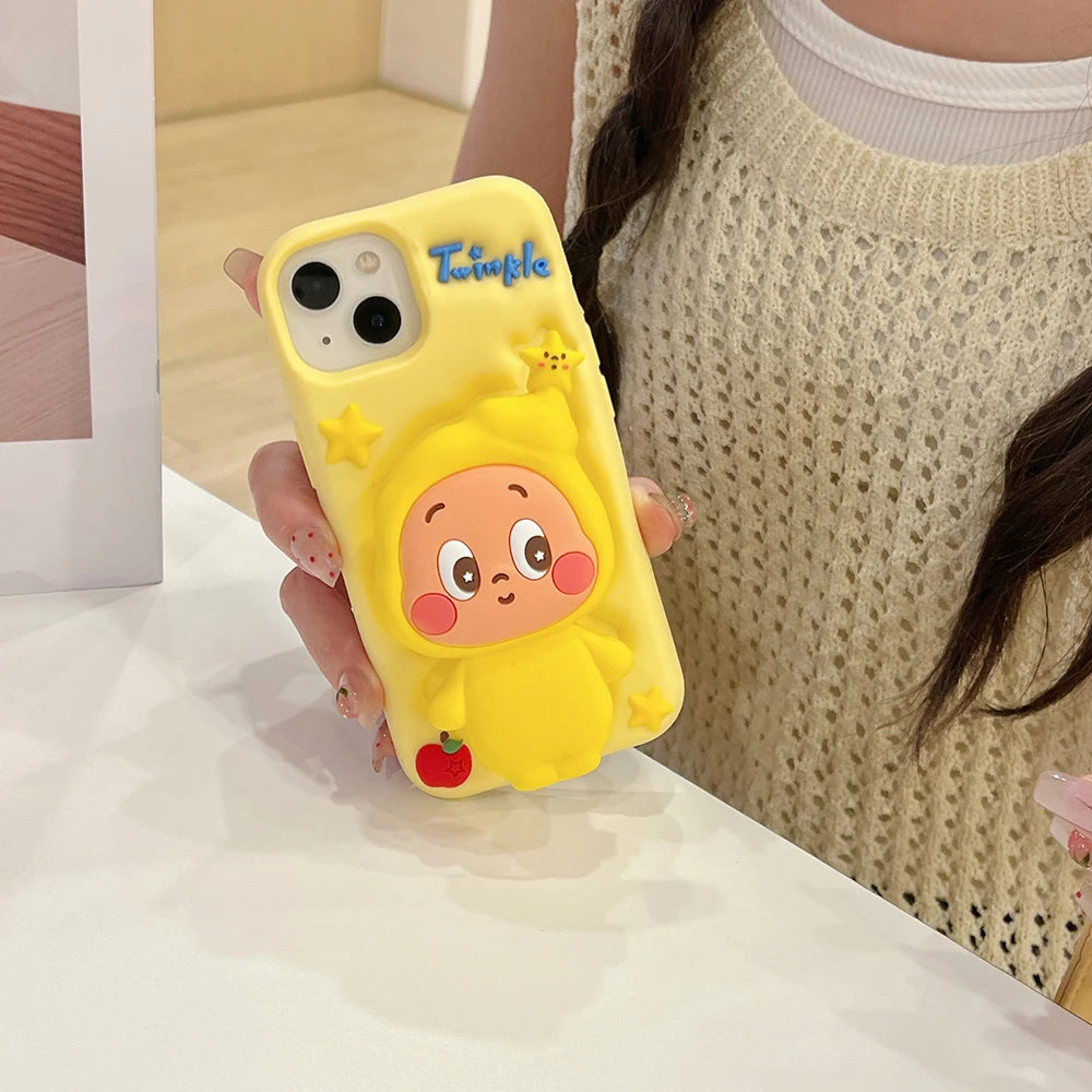 Cute 3D Cartoon Twinkle Star Boy Telescopic Bracket Case For iPhone 16 15 14 13 12 Pro Max Soft Silicone Stand Holder Cover