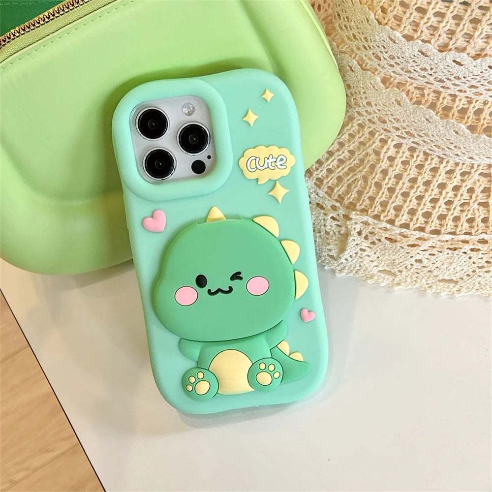 Cute Dinosaur Case Soft Silicone Cover With Holder&Mirror for iPhone 12 13 14 15 16 Pro Max 16pro 16Promax