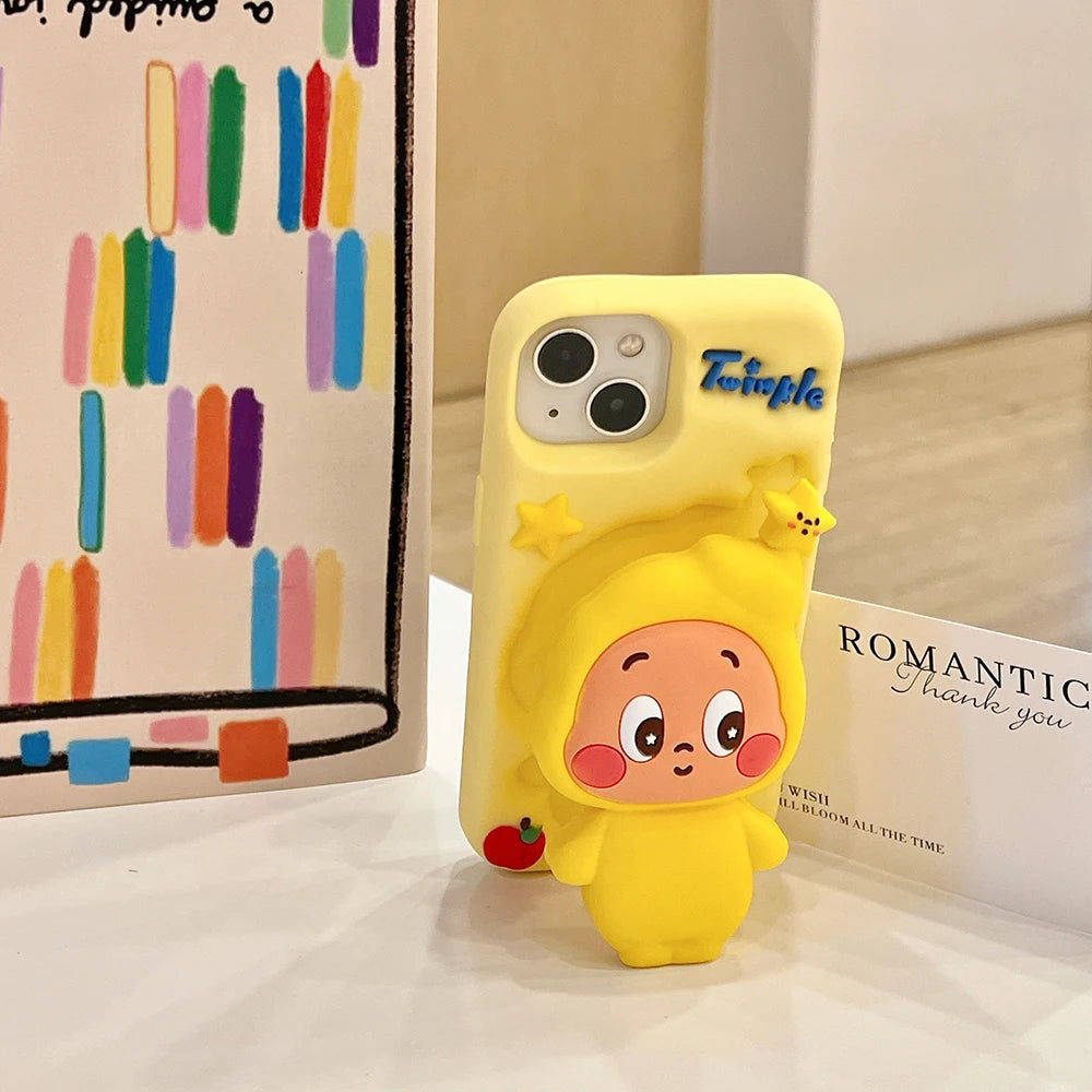 Cute 3D Cartoon Twinkle Star Boy Telescopic Bracket Case For iPhone 16 15 14 13 12 Pro Max Soft Silicone Stand Holder Cover