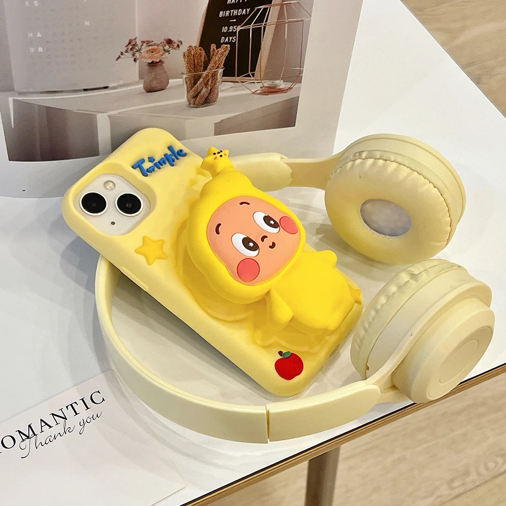 Cute 3D Cartoon Twinkle Star Boy Telescopic Bracket Case For iPhone 16 15 14 13 12 Pro Max Soft Silicone Stand Holder Cover