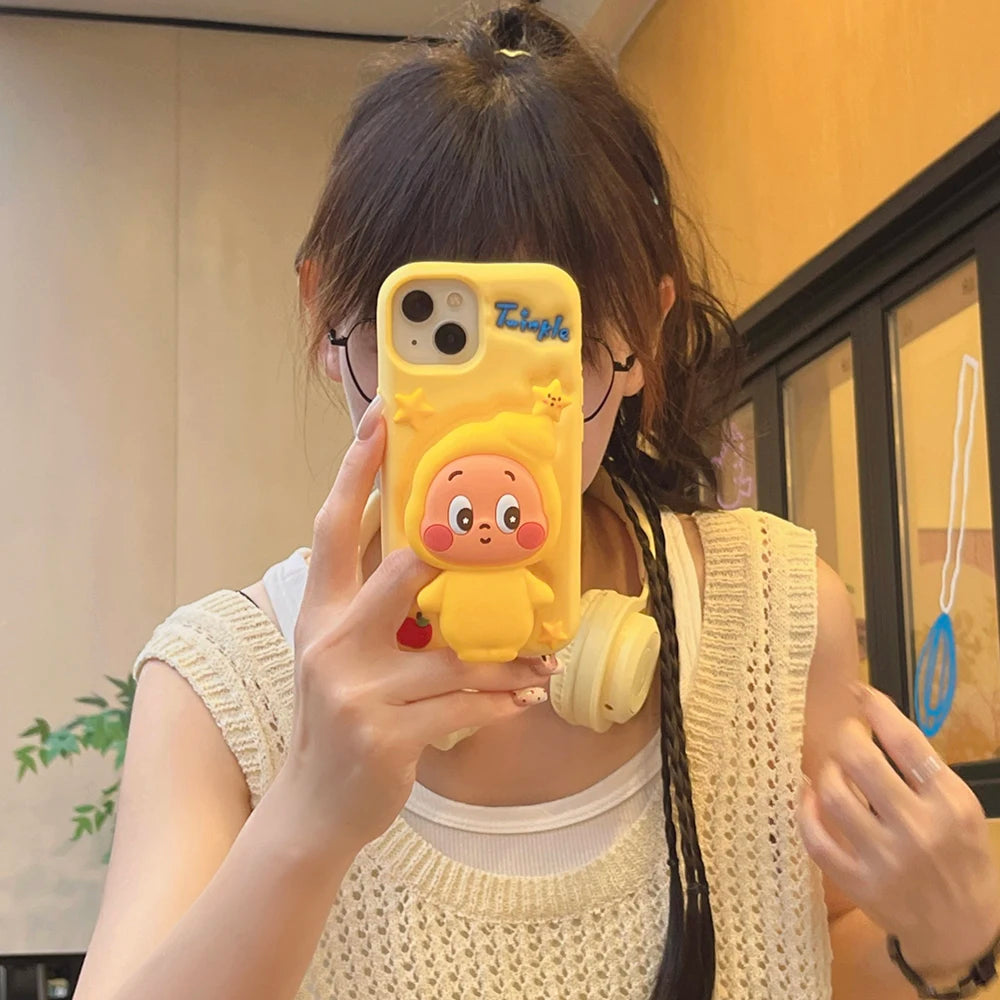 Cute 3D Cartoon Twinkle Star Boy Telescopic Bracket Case For iPhone 16 15 14 13 12 Pro Max Soft Silicone Stand Holder Cover