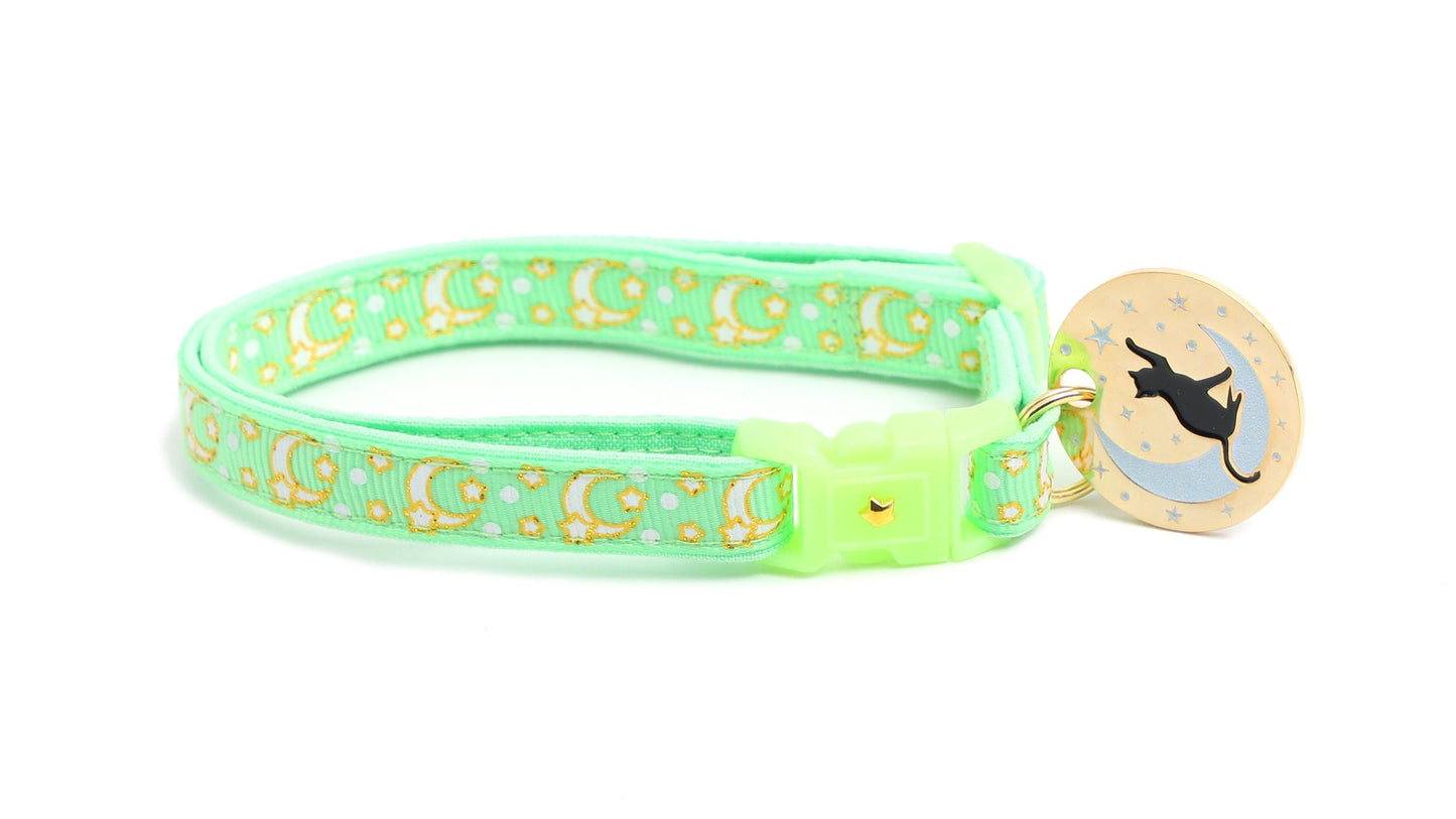 Gold Moons and Stars on Mint Green Cat Collar-4